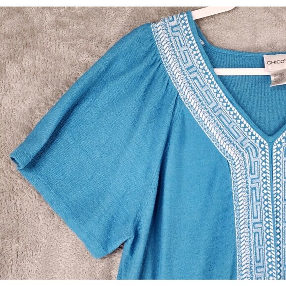 Chicos Shirt Womens 3 Blue Embroidered Linen Blend Casual Short Sleeve Blouse - Picture 9 of 10